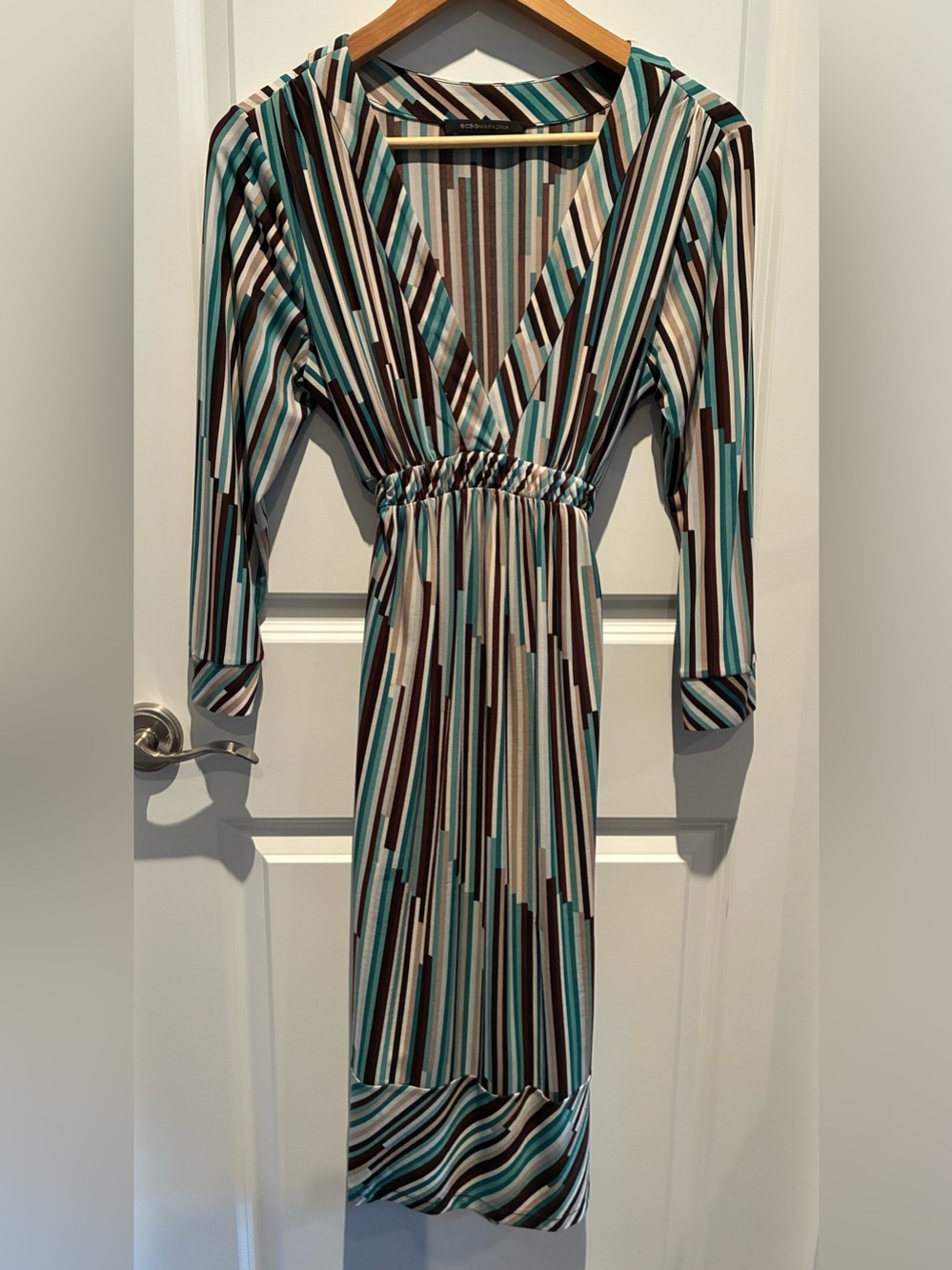 BCBGMaxAzria Vertical Stripe V‑Neck Maxi Dress in Teal, Black & Cream